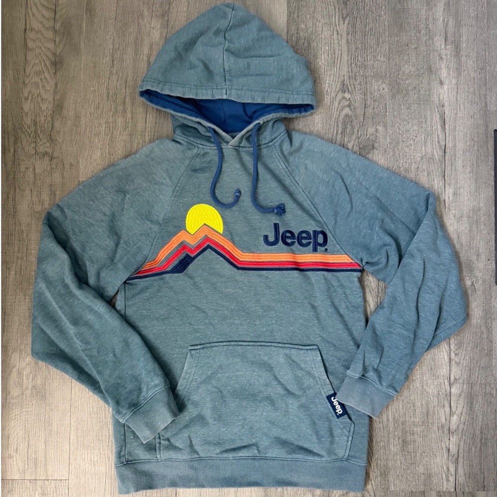 Buck Wear Jeep Mountain Sun Graphic Hoodie Mens Size SM Blue Retro Sweatshirt